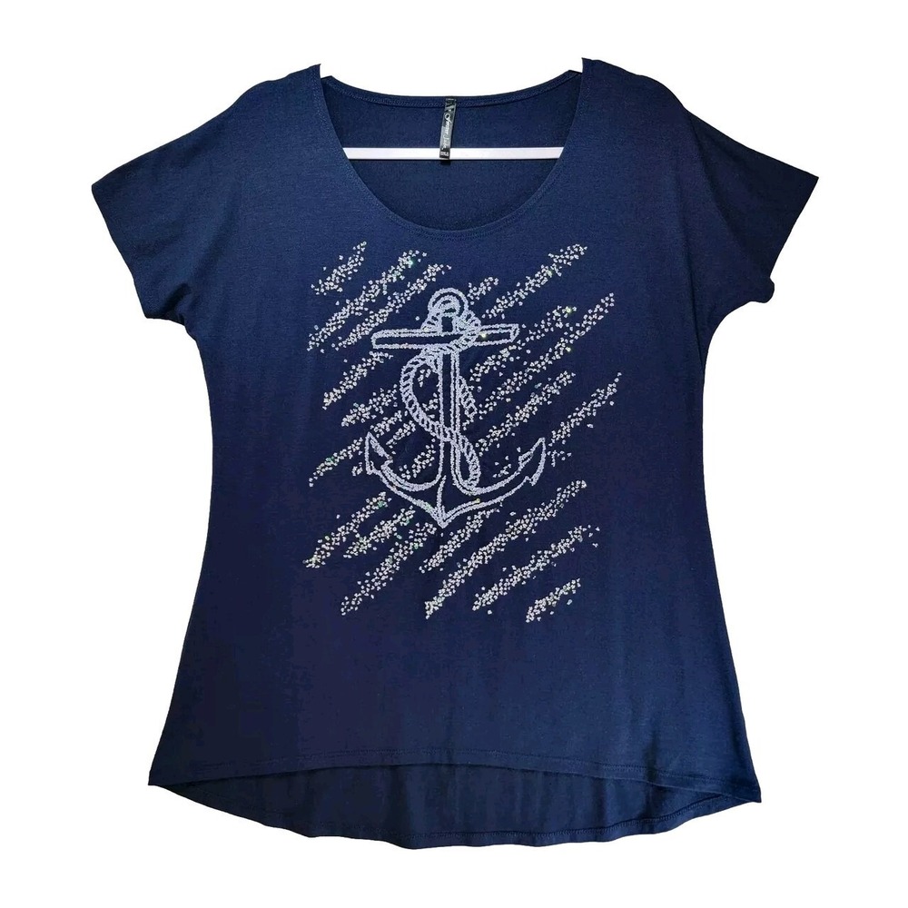 Forever Jade Sequin Anchor Shirt Top‎ Womens M Blue Top Beaded Coastal Beach